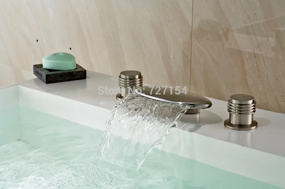 

Free Shipping! Deck Mounted Waterfall Dual Handles Basin Faucet Nickel Brushed Sink Mixer Tap