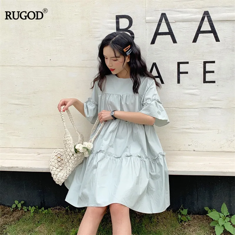 RUGOD летнее женское платье корейское платье с О-образным вырезом и оборками с расклешенными рукавами размера плюс платья в стиле преппи Vestidos