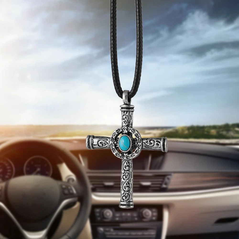 

Car Pendant Jesus Crucifix Cross Ornaments Charms Green Stone Rearview Mirror Decoration Hanging Auto Decor Car Accessories Gift