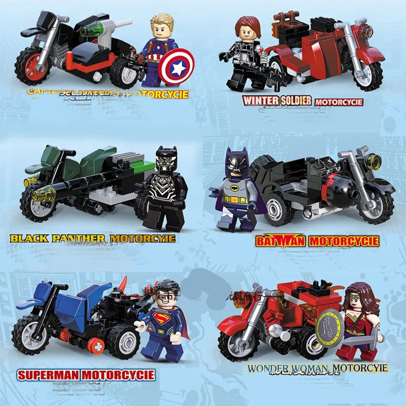 

6pcs/set Marvel Super Heroes Batman Hero Figures Motorcycle Building Block Assemble Model Brick Education Legoings Toys DBP362
