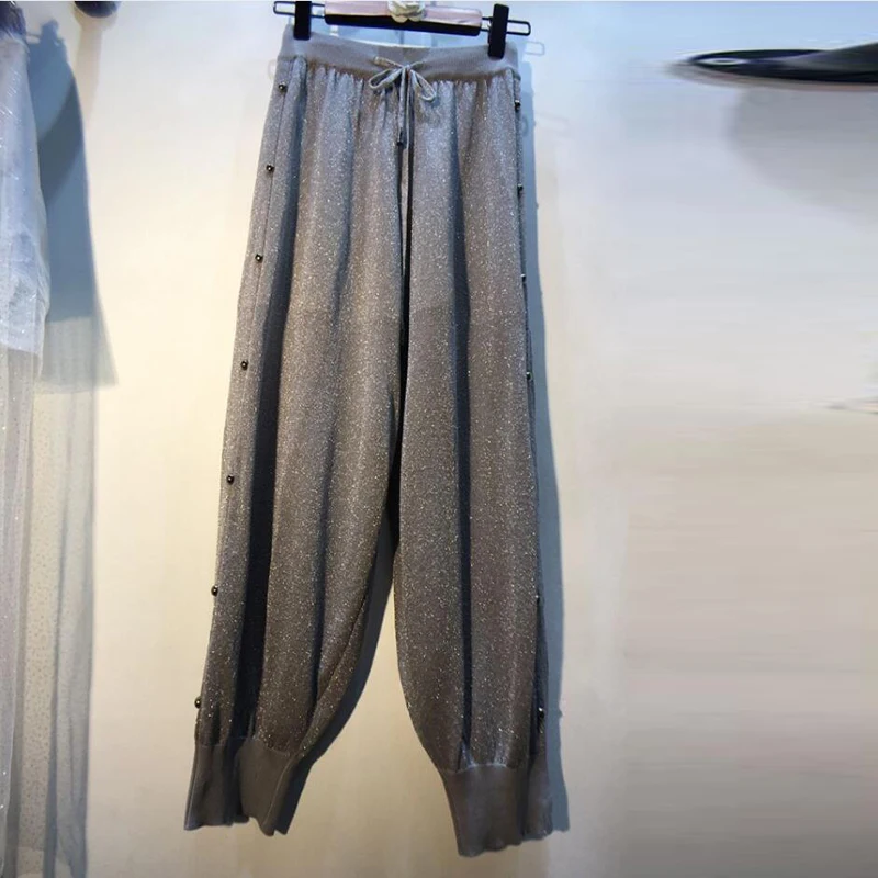 

SuperAen Europe Knit Pants Women 2019 Spring and Summer Rivet High Waist Ladies Harem Pants Solid Color Wild Women Pants