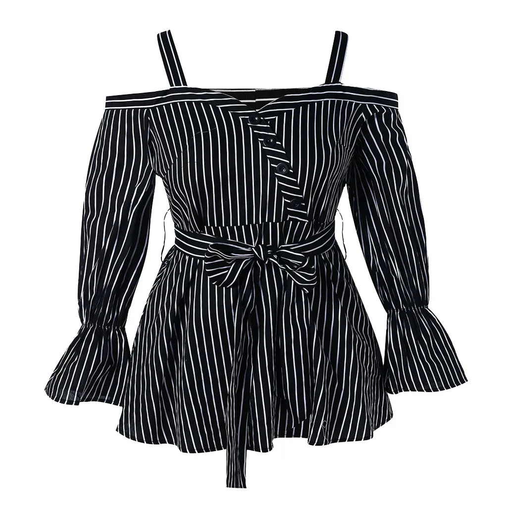 

2019 Hot Selling Fashion Blouse Womens Striped sling Plus Size Open Shoulder Belted Stripe Blouse Shirt Belted Patchwork Tops