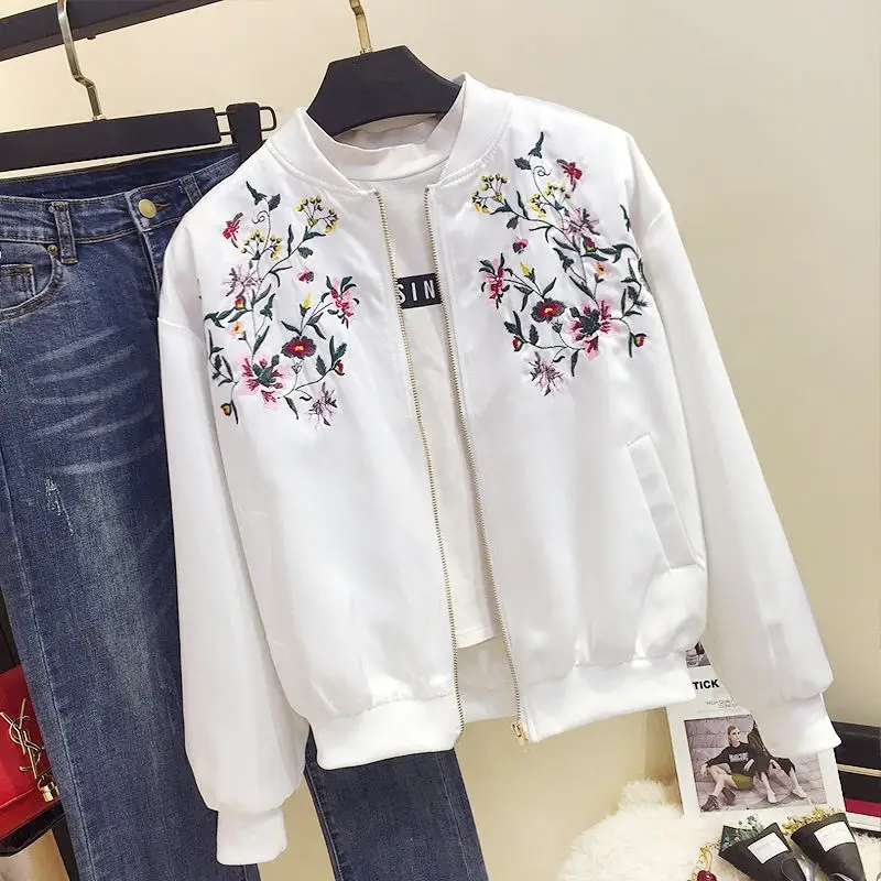 Plus Size 3XL Spring Jacket Women Black Floral Embroidery Bomber Jacket Women Basic Coats Baseball Uniform Womens Jackets C4254