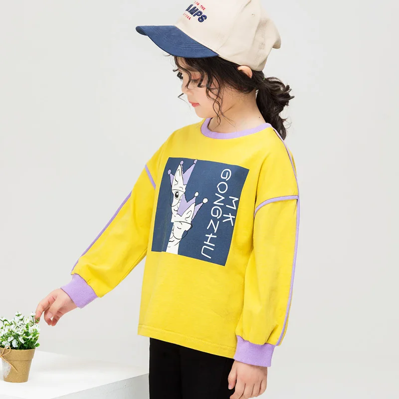 Одежда для девочек; коллекция года; весенние хлопковые топы с длинными рукавами в Корейском стиле; цветные футболки с цветочным принтом для детей; детская одежда - Цвет: Цвет: желтый