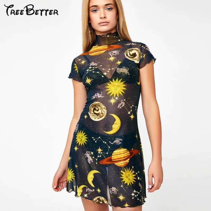 

Ruffles High Neck Print Panelled Short Sleeve High Waist Bodycon Sexy Mini Dress 2019 Women Fashion