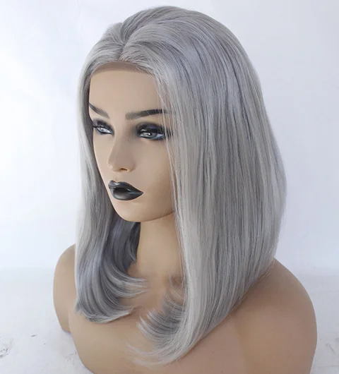 Glueless Synthetic Lace Front Bob Wig Reddish Silver Grey Short Hair Style Straight Replacement Wig Heat Resistant Fiber Wig-14