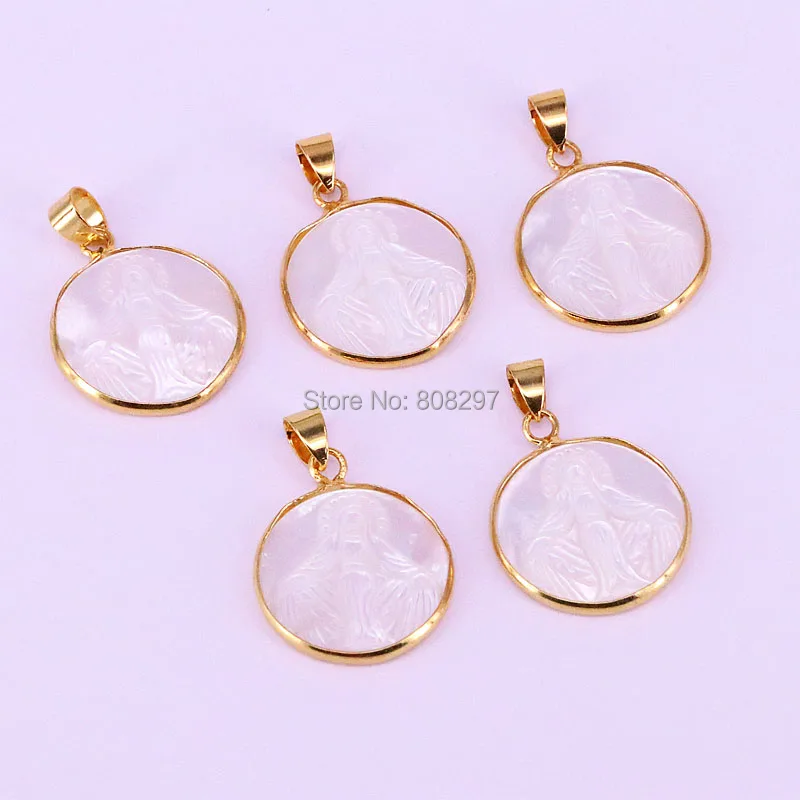 

8Pcs Gold Color Round Shape Natural White MOP Shell Carved Virgin Mary Pendant Fashion Necklace