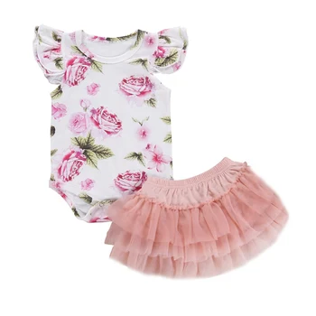 

Newborn Girl Toddler Baby Outfits Flare Sleeve Floral Romper Jumpsuit with Tutu Skirt Birthday Party Baby Clothes Kid Costumes