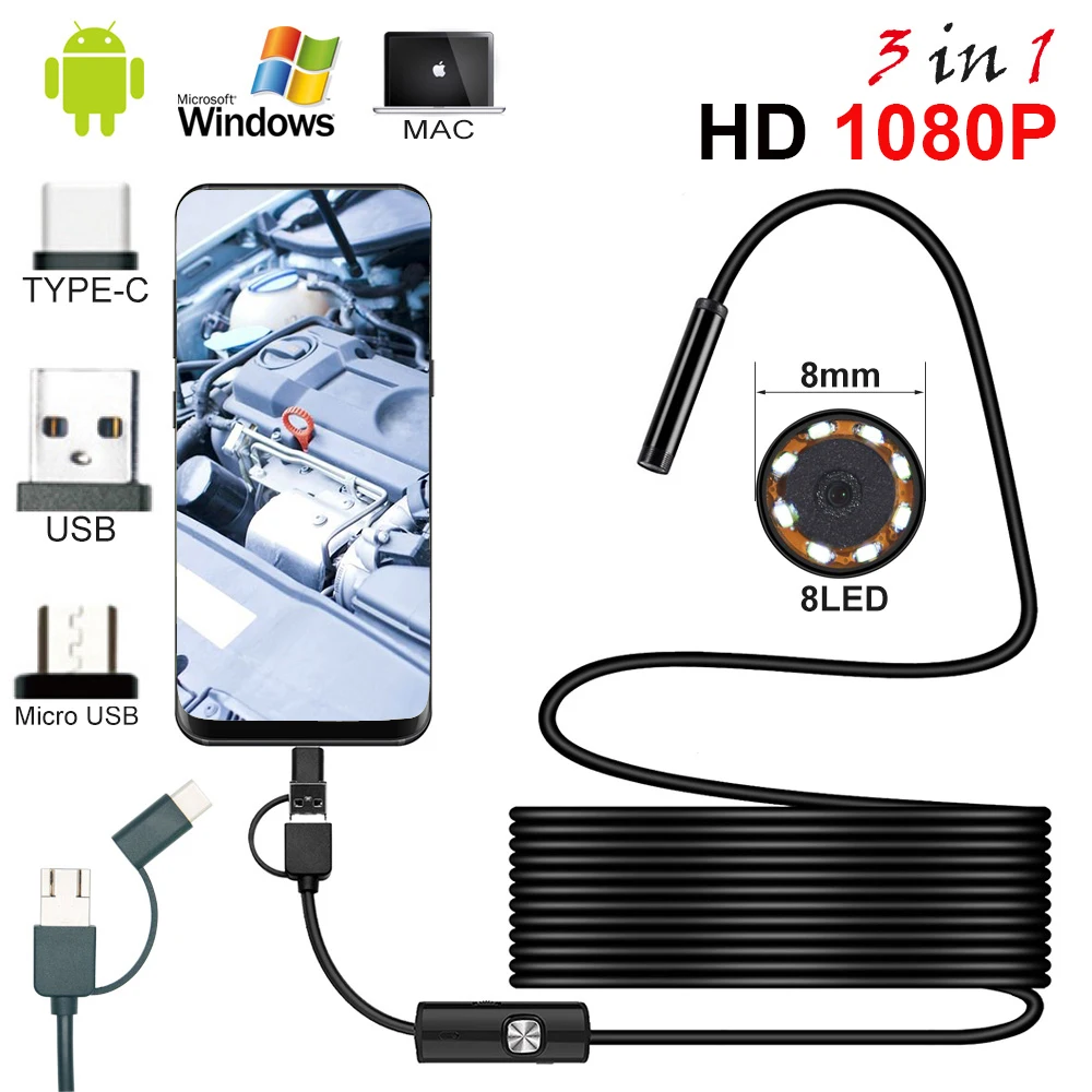 1080P USB Endoscope Camera 2M 5M 10M Flexible Hard Cable Snake Inspection Borescope Camera Android PC Notebook 8LEDs Adjustable