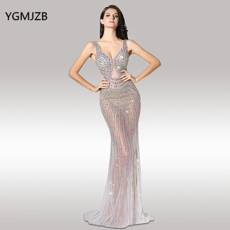 See Through Evening Dresses Long 2018 Mermaid V Neck Floor Length Heavy Beaded Crystal New Arrival Prom Dress Prom Evening Gown