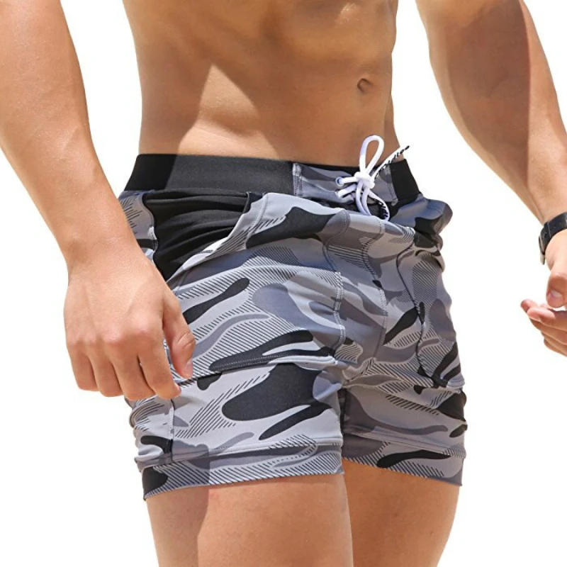 

Man Summer Beach Trunks Gray Camo Youth Boy Vocation Shorts-pants Sports Swimming Trunks Happy Party Cool Pool Wear
