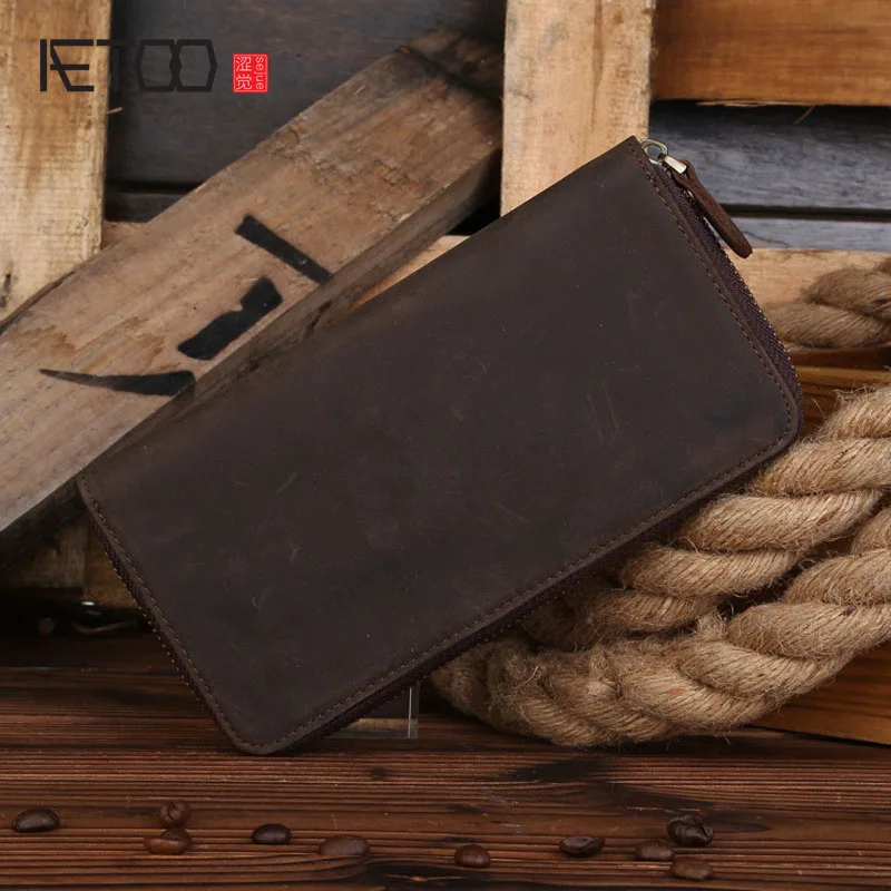 

AETOO Retro walnut wallet men long section of the first layer of leather twist leather wallet card package hand Vintage wallet