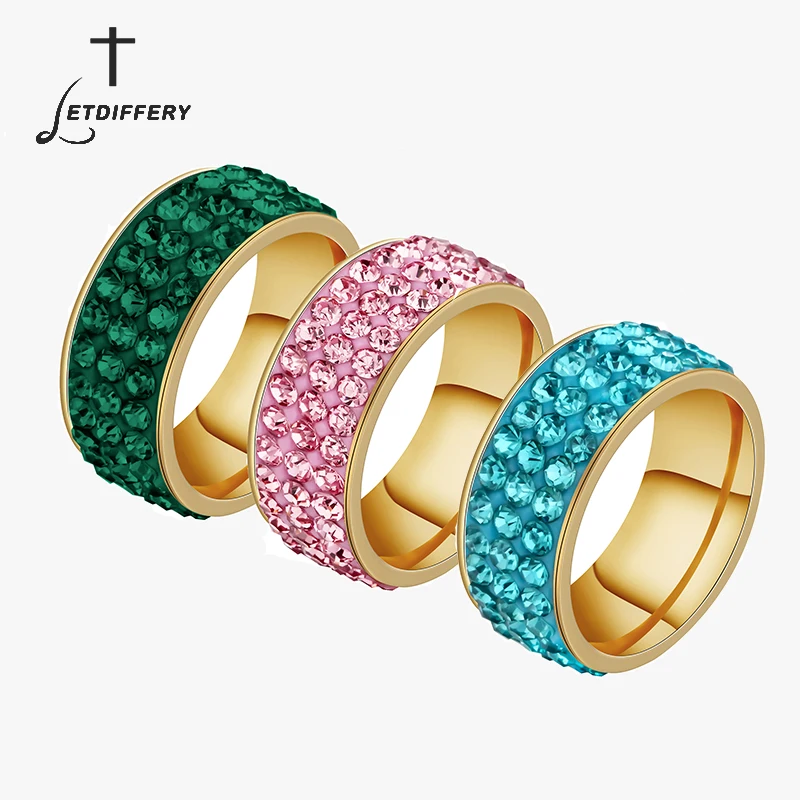

Letdiffery Green Pink Red Three Row Lines Crystal Rhinestones Wedding Rings for Women Gold Stainless Steel Engagement Ring