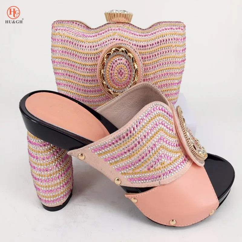 

Pink Color Wedges Italian Design Shoes with Matching Bag African Shoe and Bag Set Italian African Shoes and Bag Set for Parties