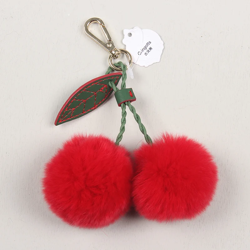 Creatve высокое качество вишня и листья красный Настоящий мех кролика милый брелок для ключей Вишневый помпон меховая сумка декоративный