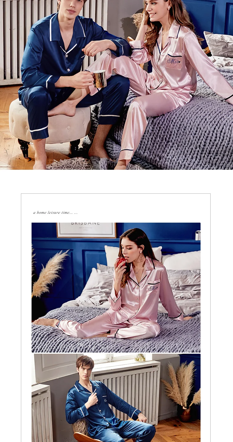 CherLemon шелковая ночная рубашка с длинными рукавами и отложным воротником, атласная пижама, Весенняя Повседневная Пижама из 2 предметов, пижамные комплекты для женщин и мужчин