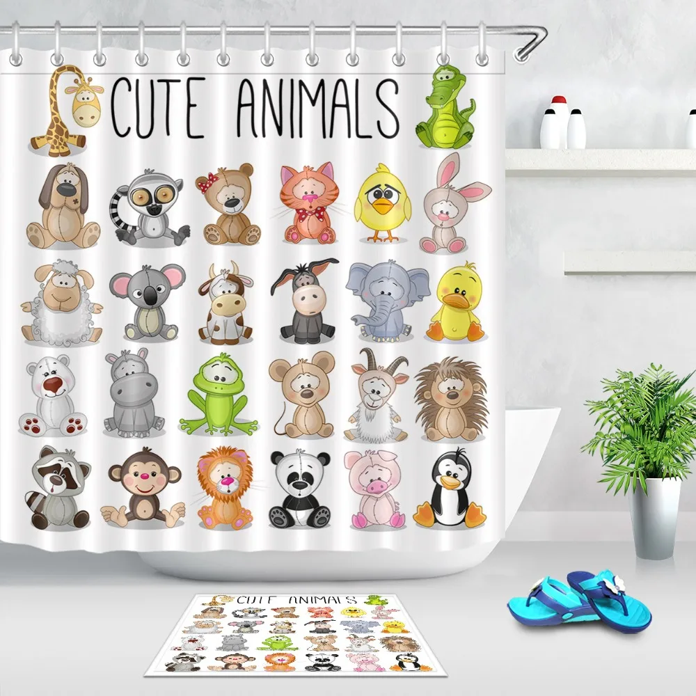 

Funny Cartoon Cute Animals Extra Long White Shower Curtain Liner Bathroom Nature Waterproof Fabric For Art Kids Bathtub Decor