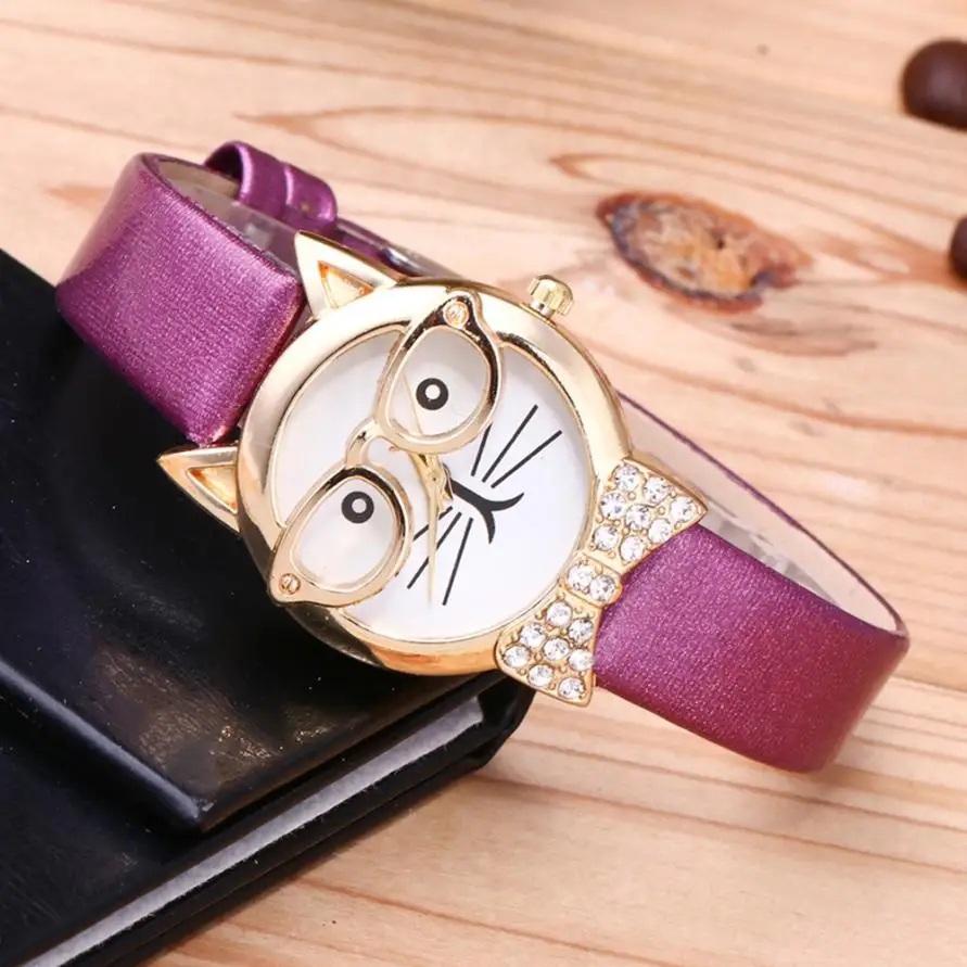 Tomezone#25 милые женские часы очки кошачьи Женские Аналоговые кварцевые наручные часы с циферблатом