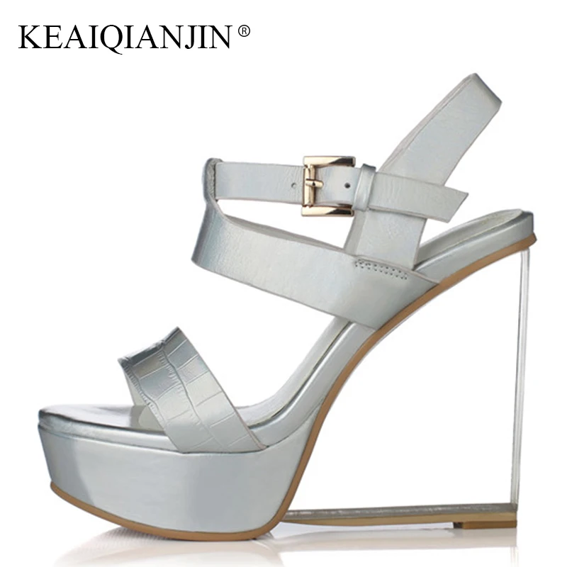 

KEAIQIANJIN Woman Genuine Leather Silvery Peep Toe Sandal Fashion Golden High Heeled Shoes Sexy Summer Open Toe Wedges Sandals