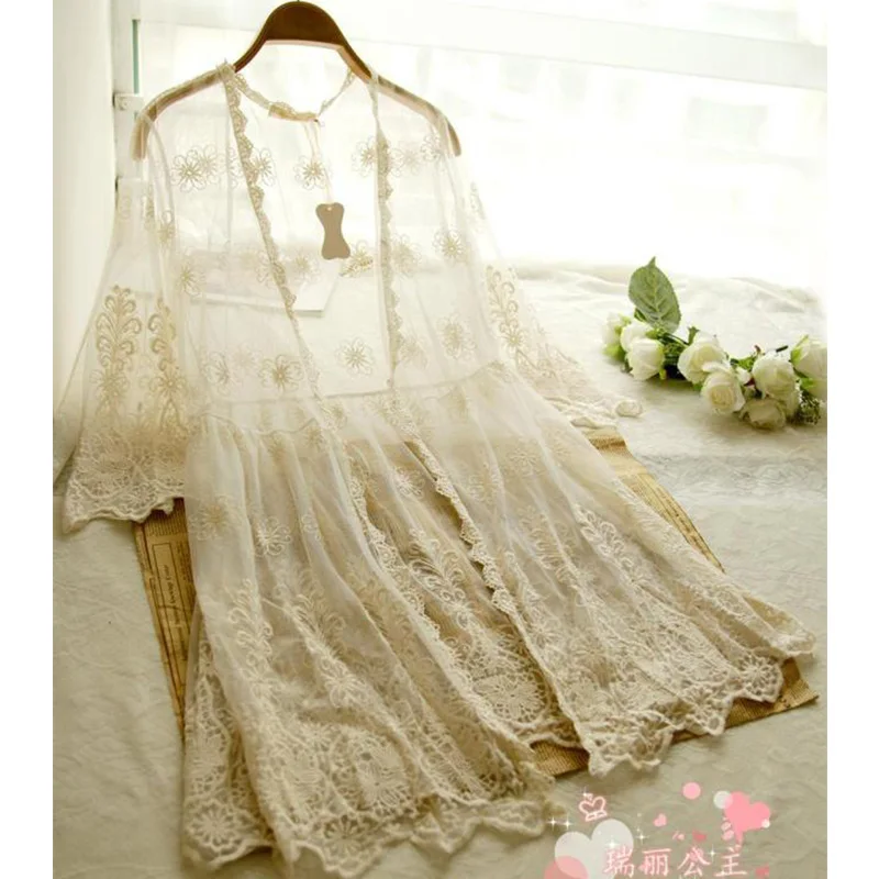 

Spring Women Clothing Sweet Mori Girl Cardigan Hollow Floral Soft Lace Sunscreen Lolita Cute Female Princess Shirt Cardigan Y009