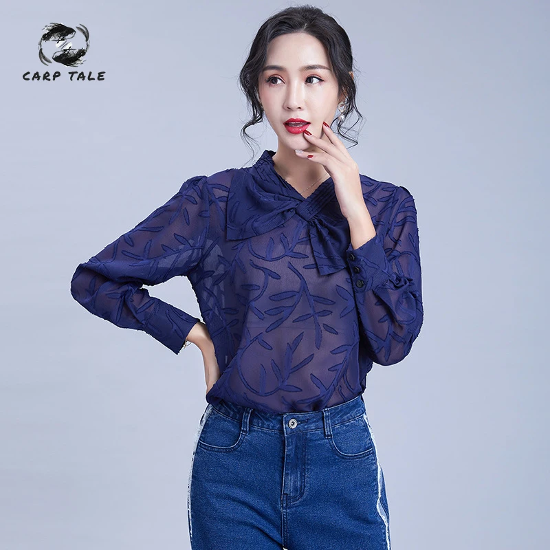 

2019 spring and autumn Korean version of the new women's long-sleeved chiffon shirt irregular bow temperament chiffon shirt