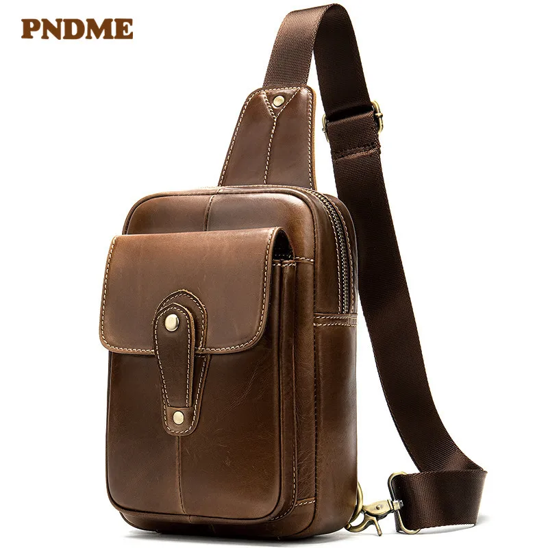

PNDME casual simple genuine leather men's chest bag First layer cowhide retro multi-function shoulder bag Crossbody Bags for Men
