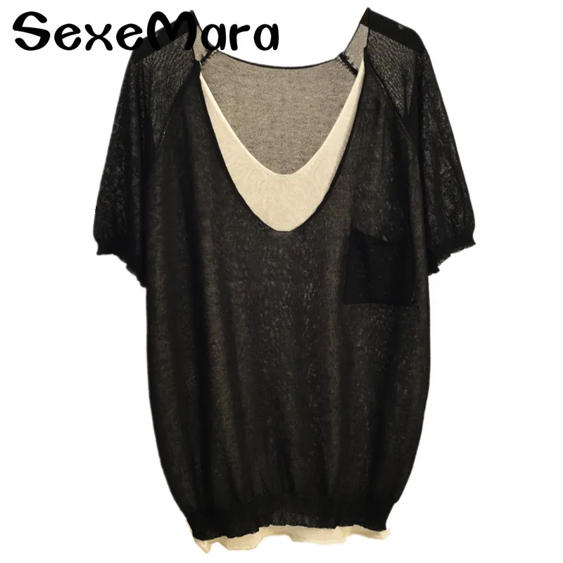 Summer Women T-shirts Casaul Ladies V-neck Batwing Short Sleeve Tops Tees Loose Fake Two Cover Fat Clothing 2018 Hong Kong Style | Женская