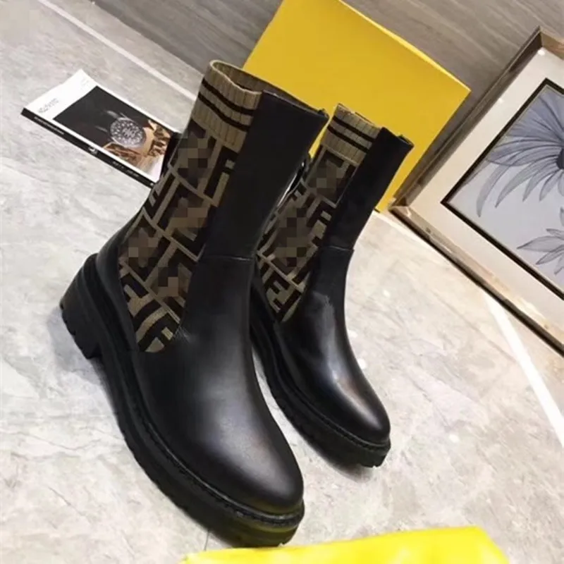 

Leather Knitting Patchwork Women Ankle Boots Letter Decor Cool Motorcycle Boots Sexy Ladies Botas Mujer Block Heel Chelsea Boots