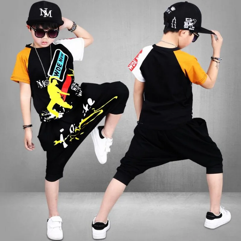 Tonlinker комплект одежды для мальчиков летний детский хип-хоп Стиль хлопок спортивный тренировочный костюм дети Танцы короткая футболка Топы