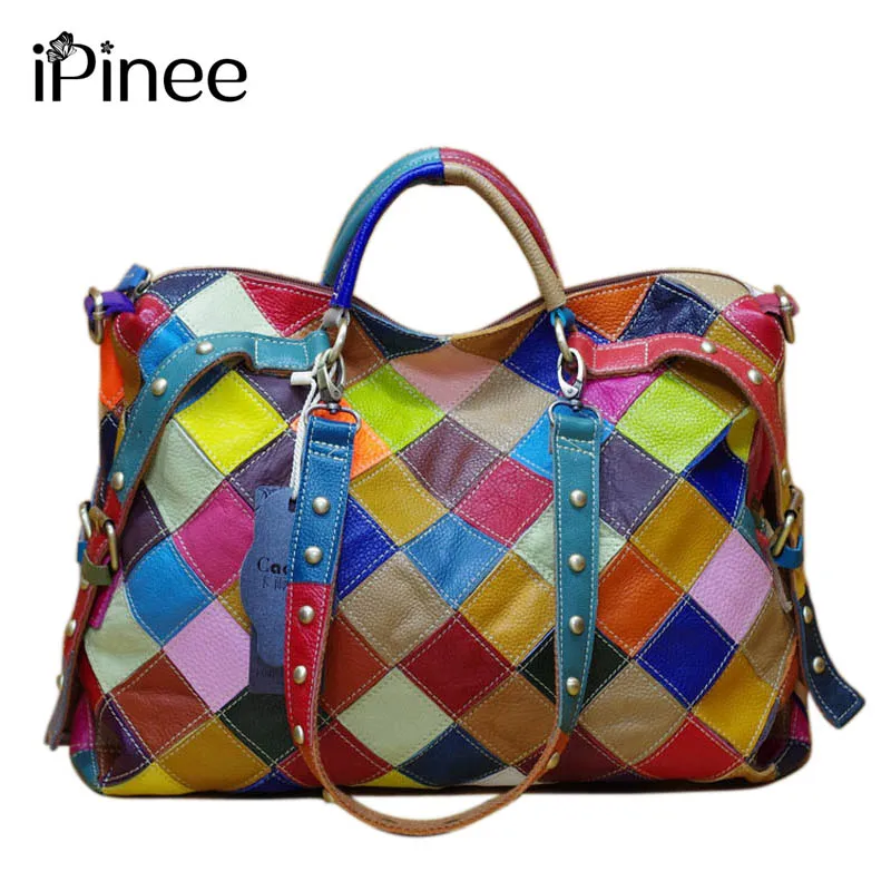 

iPinee New Women Bags 2019 Casual Colorful Blocks Patchwork Women Tote Bags Genuine Leather Ladies Handbags