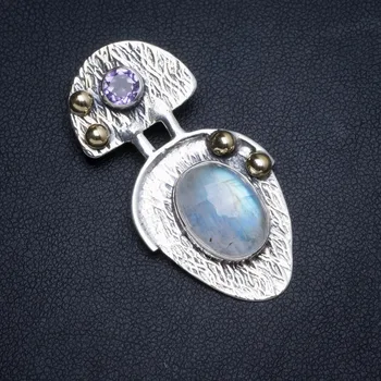 

Natural Two Tones Rainbow Moonstoneand Amethyst Handmade Unique 925 Sterling Silver Pendant 1.5" X0139