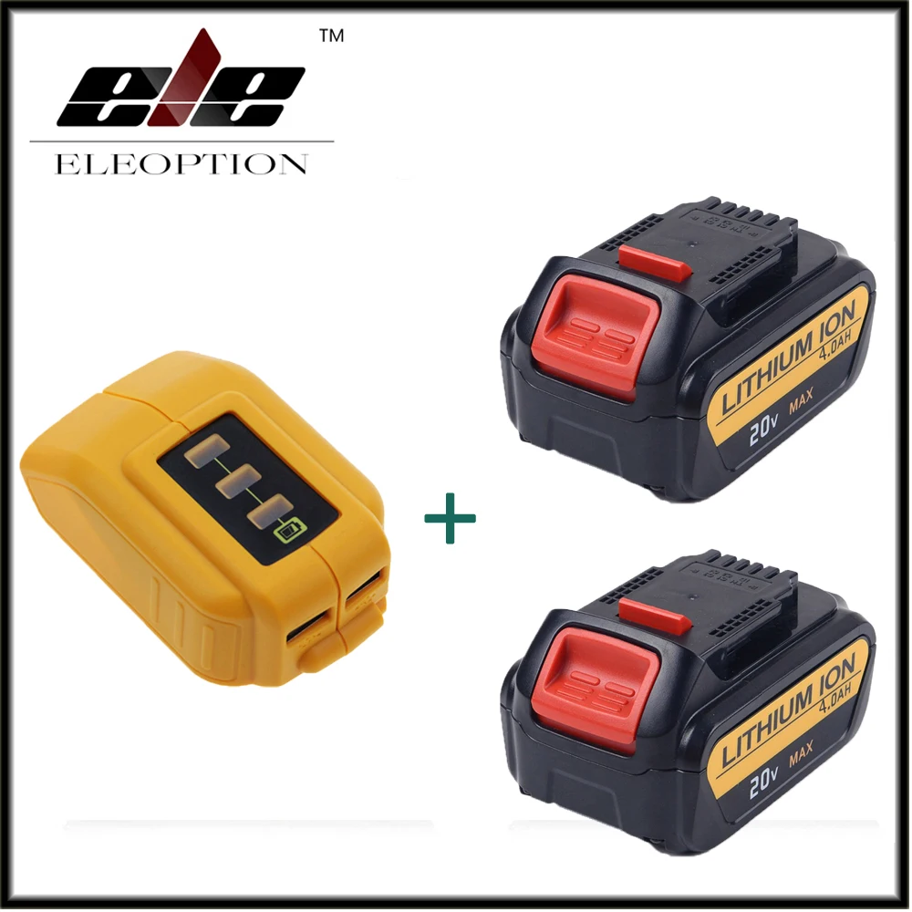 

Eleoption 2x 20V 4000mAh Li-ion Replacement Battery For DCB181 DCB18 DCD785 DCD795 + 1x DCB090 USB Power Source Addon