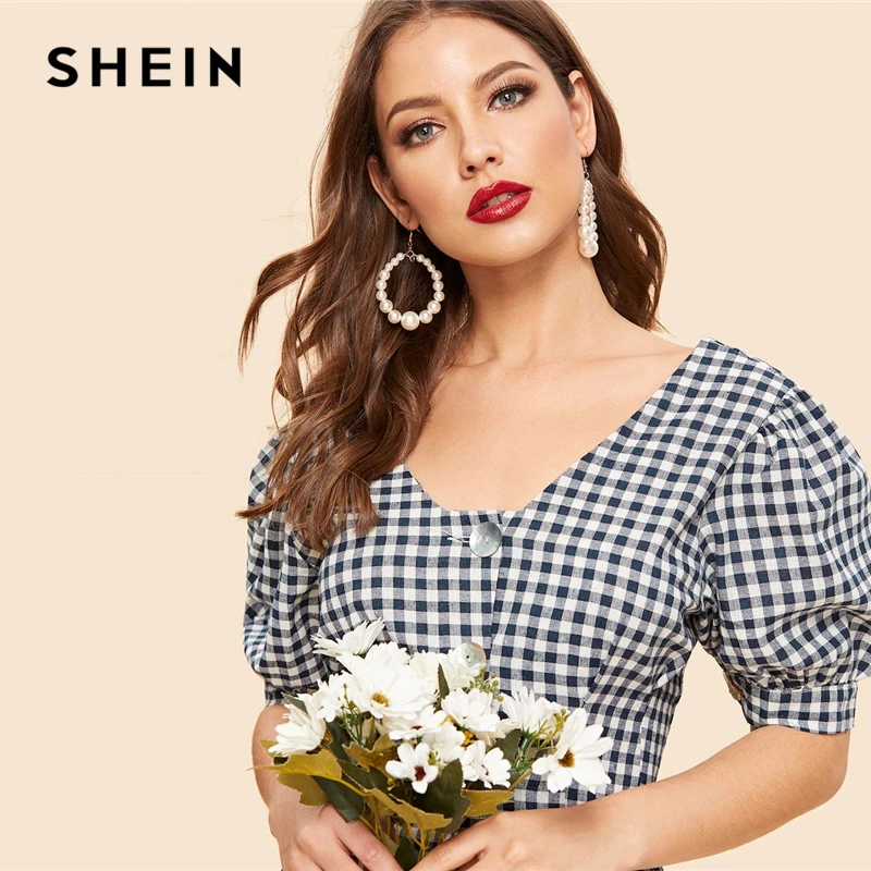 SHEIN Платье С Оригинальным Рукавом И Пуговицами, Макси Платье В Клетку, Летнее Хлопковое Макси Платье
