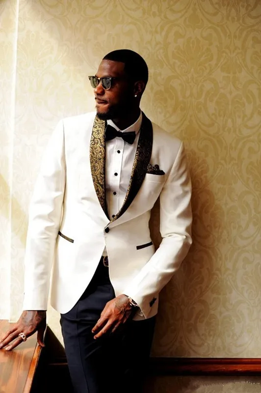Ivory Wedding Suits Tuxedos Slim Fit Gold Pattern Lapel Prom Party Suits For Men Cheap Groomsman Suit (Jacket+Pant+Tie)