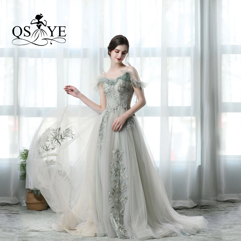 

QSYYE 2019 Amazing Cheap Elegant Tulle Evening Prom Dresses Mint Green Lace Appliques Discount Low Price Party Gown