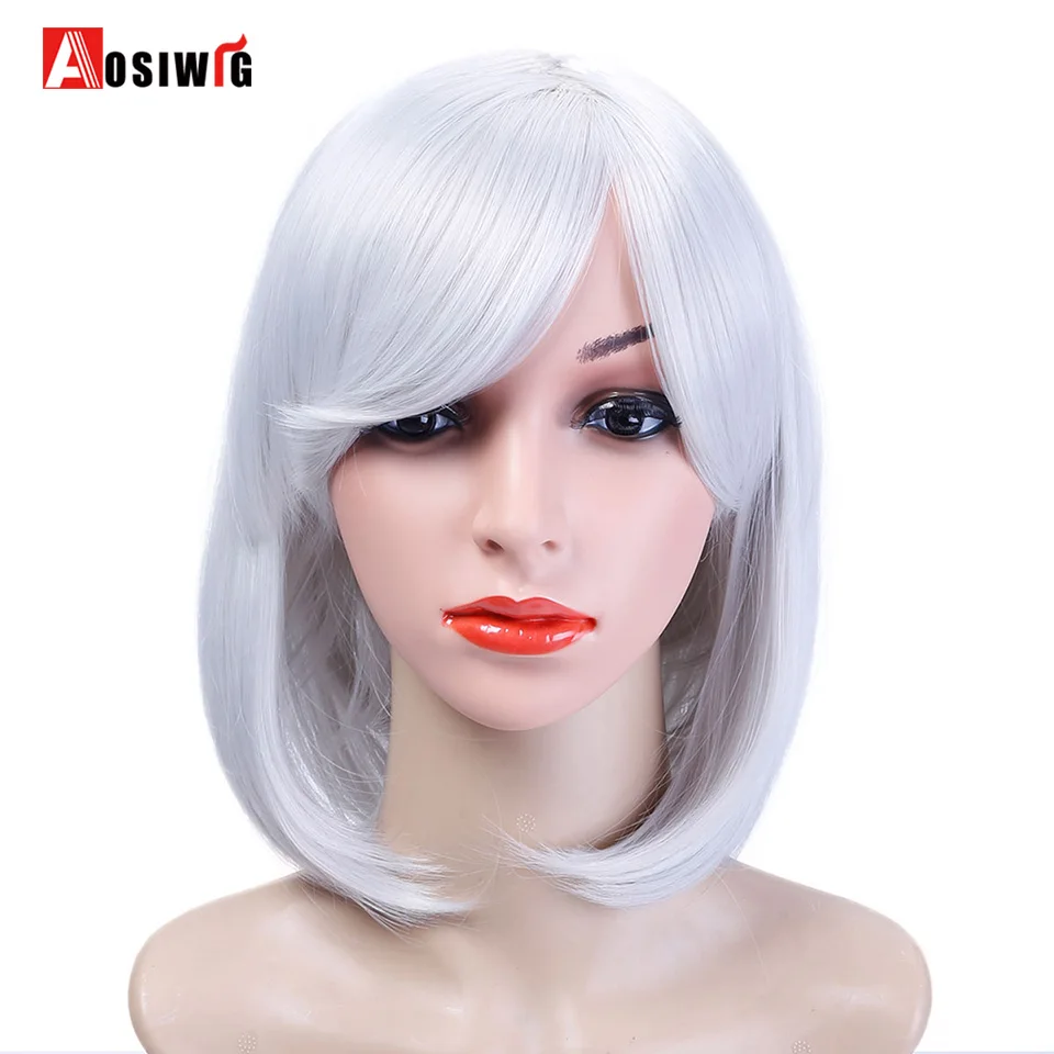 AOSIWIG Silver Short Straight Wig Bob Style Hair Heat Resistant