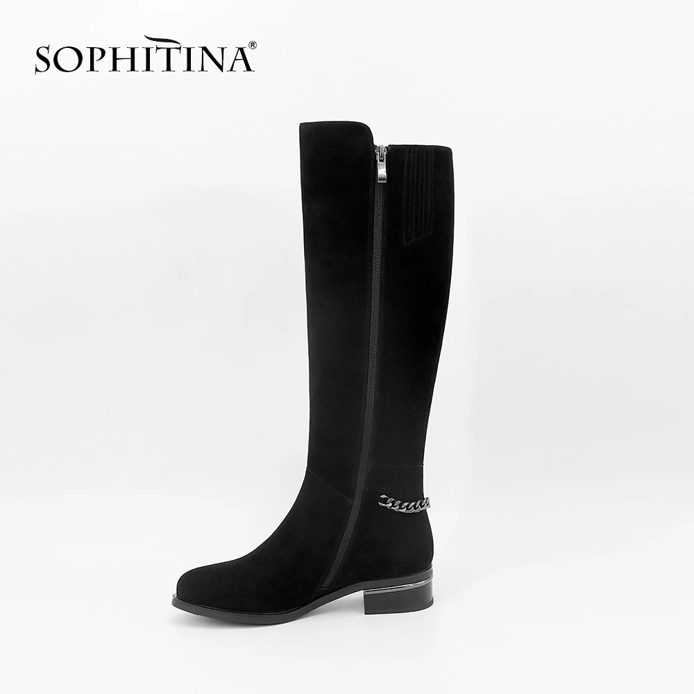 Black Stiefel Echtem Winter Sc61 Frau Leder Ferse Aus Platz Qualität Kid Kappe Wildleder Schuhe Mode Sophitina Kette hohe Schwarz Knie Runde UnCxBwF