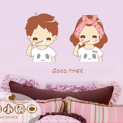 

Cute couples brush their teeth wall sticker bathroom bathroommirror tile sticker removable decoration sticker
