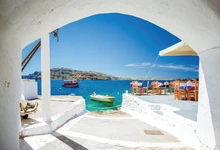 Laeacco  Beach Blue Sky Boats Arch Door Chair Scenic Photography Backgrounds Customized Photographic Backdrops For Photo Studio