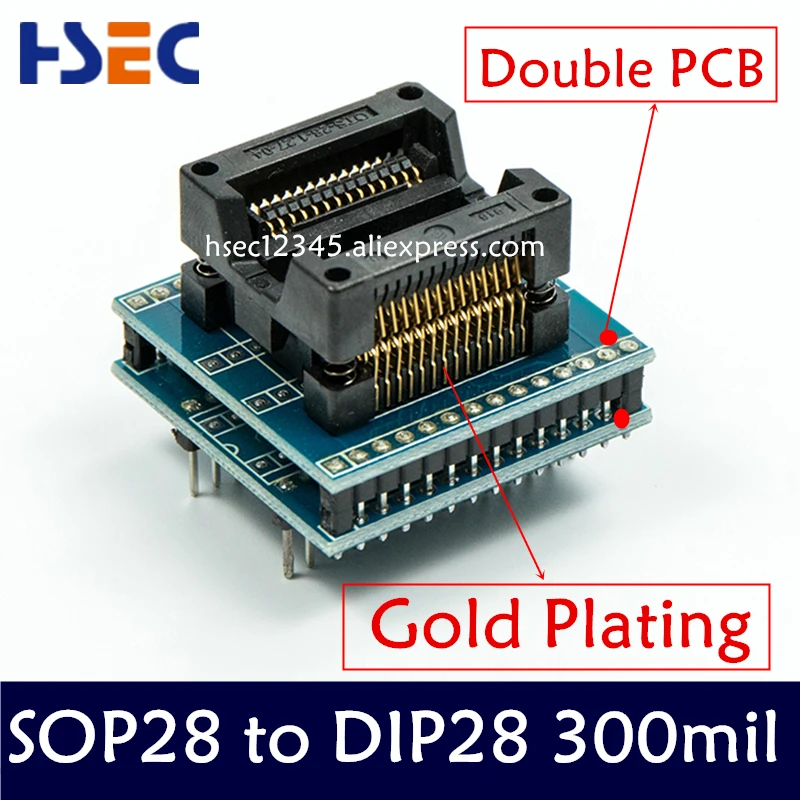

Top Quality Double PCB SOP28 to DIP28 Socket adapter Wide 300mil SOIC28 to DIP28 Socket IC programmer SOP24 SOP20 SOP16 adapter