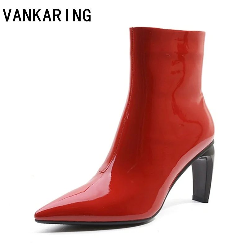 VANKARING brand design genuine patent leather shoes woman pointed toe strange style high heels women ankle boots black booties цена VANKARING brand design genuine patent leather shoes woman pointed toe strange style high heels women ankle boots black booties цены онлайн