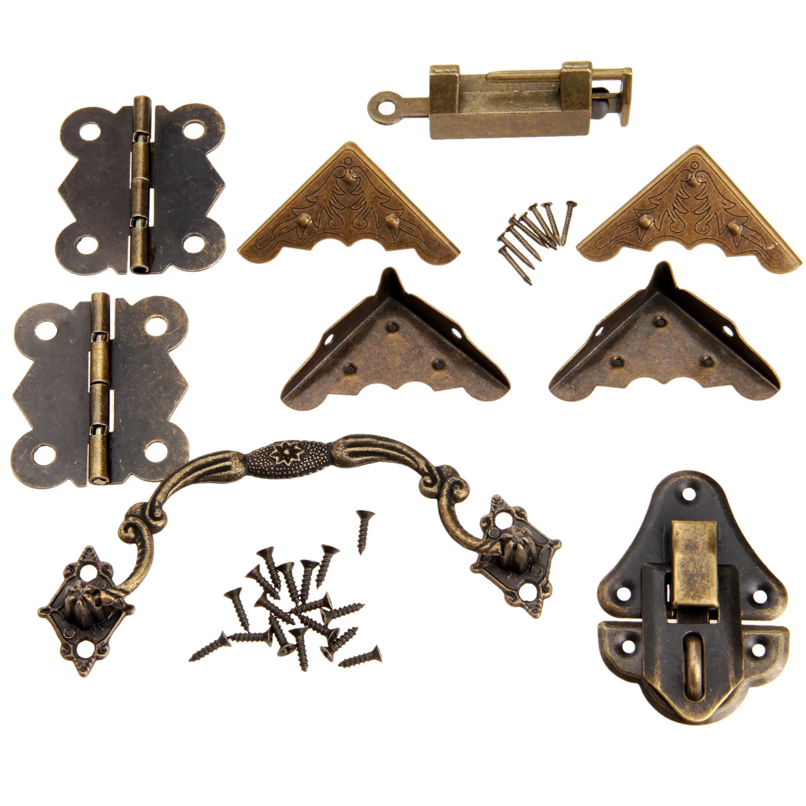 9Pcs Chinese Brass Hardware Set Antique Wooden Box Latch Hasp+Pull