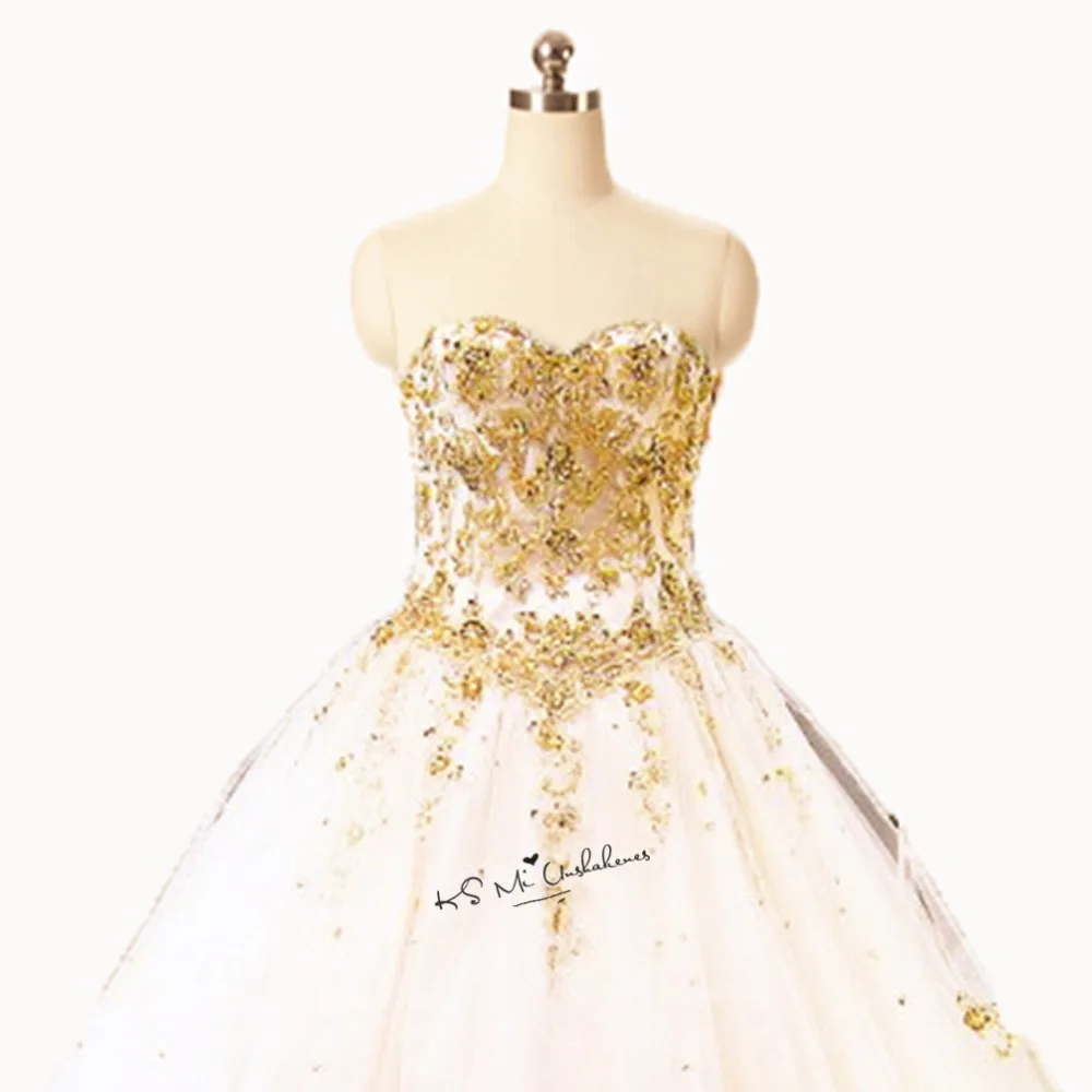 Quinceanera Dresses Sweet 16 Ball Gowns Prom Dress White Gold Lace Puffy Masquerade Vestidos de 15 anos