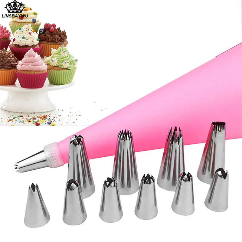

12PCS/Set Reusable Silicone Icing Piping Cream Pastry Bag + 10 Stainless Steel Nozzles+1 Converter DIY Cake Decorating Tips Set