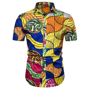 

2019 Summer Men's Casual Fashion National Style Printed Shirt With Square Collar And Large Men's Short Sleeve