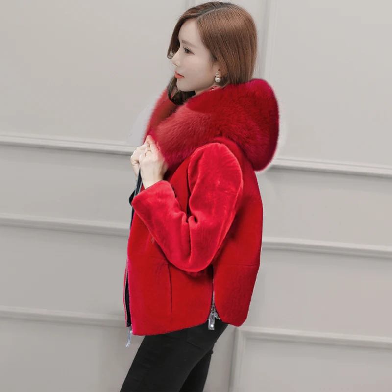 Новинка, зимнее пальто из искусственного меха, женское короткое пальто из искусственного лисьего меха с капюшоном, модное пальто красного и черного цвета