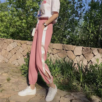 

2018 Autumn New Women Casual Pants High Waist Hole Sweatpants Haren Pants Striped Lace-Up Loose Trousers