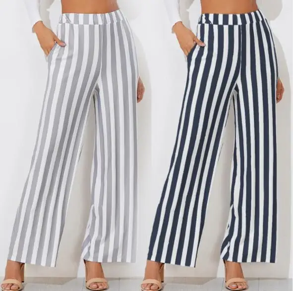 

Fashion Casual High Waist Women Wide Leg Pants Striped Pockets Loose Long Pants Loose Office Ladies Trousers 2020 Gray