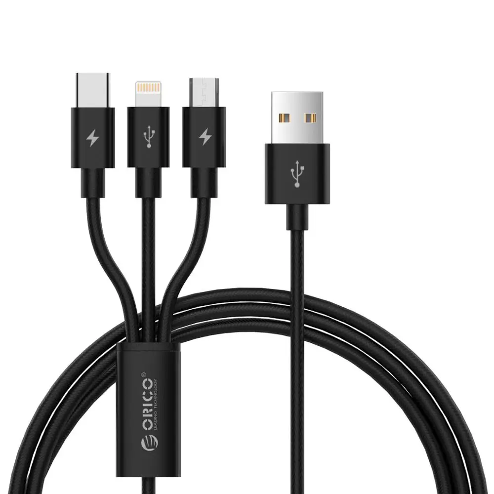 ORICO USB кабель 3 в 1 для iPhone X 5 6 7 8 кабель для мобильного телефона 2 в 1 Тип C Micro USB кабель для зарядное устройство для андроида кабель - Цвет: Черный