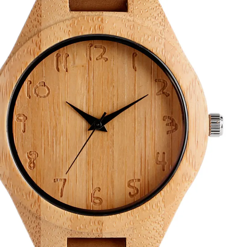 Simple Bamboo Wooden Watch Men's Handmade Engraved Arabic Numbers Novel Fashion Sport Clock Male Genuine Leather Souvenir Gifts 2018 (4)